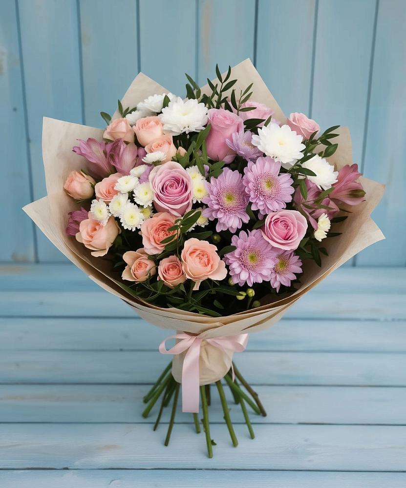 Букет цветов из: Хризантемы, Розы и Альстромерии в Новосемейкино