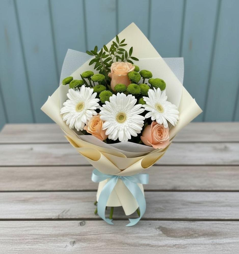 Букет цветов из: Герберы, Розы и Хризантемы в Новосемейкино