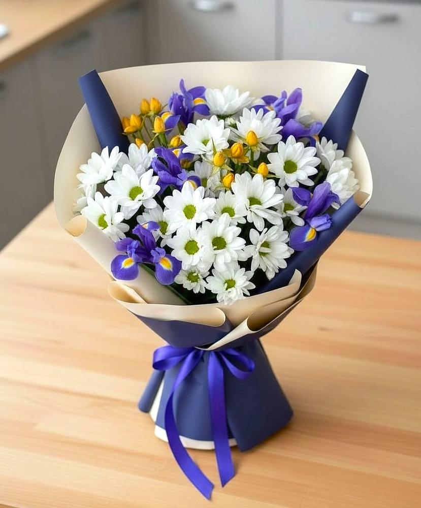 Букет цветов из: Розы, Ирисы и Хризантемы в Новосемейкино